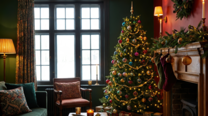 Festive living room interior scene with a decorated Christmas tree stockings hung on a fireplace a patterned armchair and a large transparent window