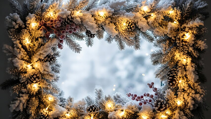 Closeup of a snowy christmas wreath with warm glowing lights framing the sky