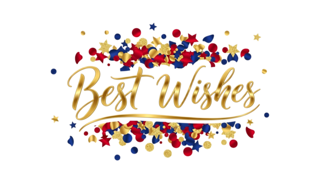 Festive best wishes message with gold script and colorful confetti vector illustration for greeting cards and celebrations