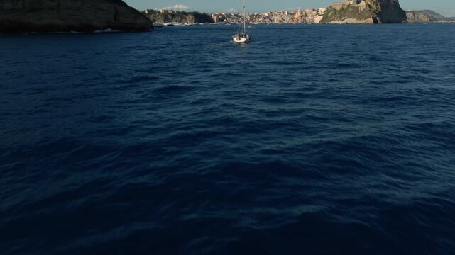 Reveals Procida Island In The Gulf Of Naples In Southern Italy. Aerial Tilt-up Shot