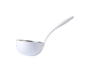 A sleek white ladle with a long handle designed for serving soups and liquids in culinary settings