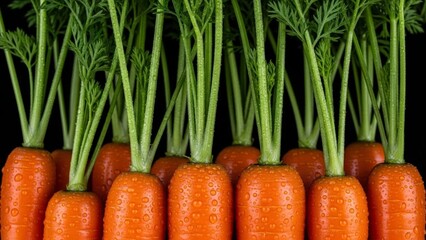 Fresh Carrots with Green Tops on Black Background.