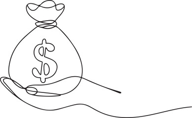 dollar money bag continuous line drawing. Hand holding coin continuous one line drawing art. Dollar linear symbol. Savings money concept. one line Icon drawing