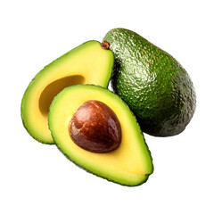 Fresh Ripe Avocado Halved and Whole Isolated on White Background
