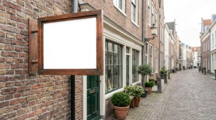Transparent wooden framed sign attached to a brick wall on a cobblestone street lined with historic buildings and potted plants exterior architecture facade