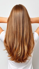 Fototapeta premium A woman with long, flowing hair poses gracefully, emphasizing her natural beauty and serene lifestyle in a minimalistic setting.