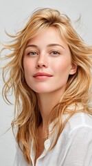 Fototapeta premium A portrait of a young woman with flowing blonde hair, showcasing a natural, serene expression against a light background.