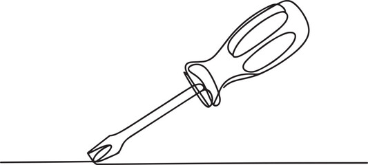 Continuous one line drawing of a flathead screwdriver. Minimalist outline sketch representing hand tool, DIY, repair, maintenance. one line Icon drawing