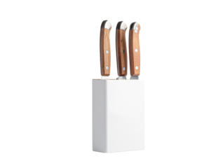 A set of three kitchen knives with wooden handles placed in a white knife block on a plain background