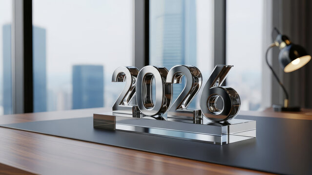 Sleek Chrome 2026 Sculpture on Desk, Symbolizing Future Business and Success with Cityscape View