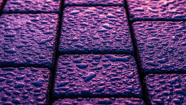 Purple Pavement Bricks with Water Droplets Close-Up View.