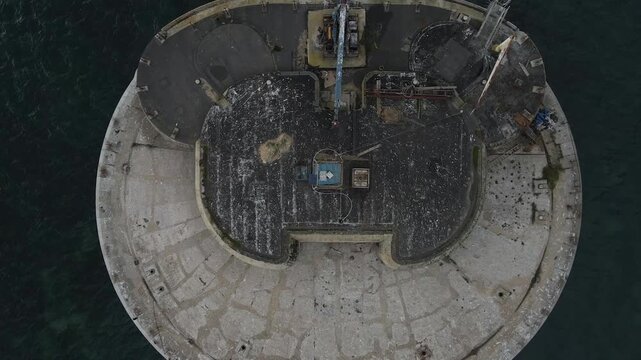 Aerial view St Helens Fort, sea fort in the Solent close to the Isle of Wight, was built as result of the Royal Commission on the Defence of the United Kingdom of 1859, drone ascending over the fort.