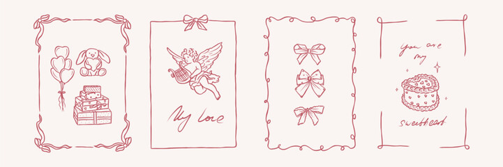 Collection of hand drawn romantic cards and posters