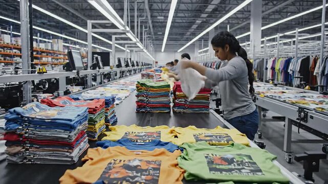 Female workers sorting and folding colorful stacks of t-shirts on a conveyor belt in a large