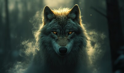 Obraz premium Powerful grey wolf with glowing eyes emerges from mysterious forest mist