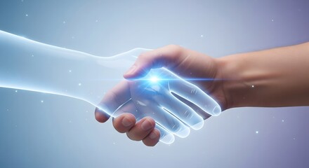 Conceptual handshake between human and glowing digital hand symbolizing future collaboration, AI integration, and modern partnership.