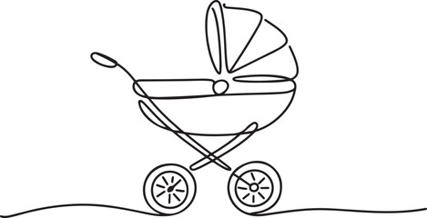 One continuous line drawing of baby stroller. Outline drawing of baby carriage, classic style pram for winter walk. Editable stroke. one line Icon drawing