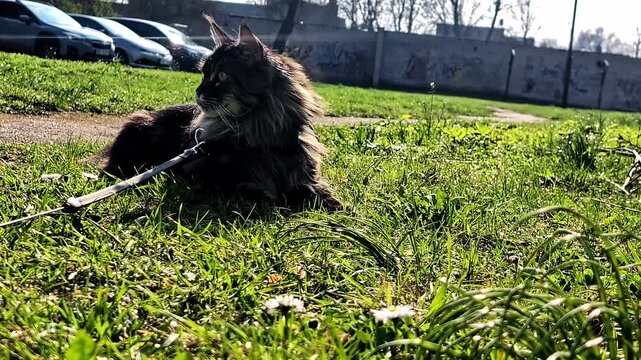 Majestic maine coon cat relaxing on a sunny grassy field, captured on a leash with beautiful outdoor lighting