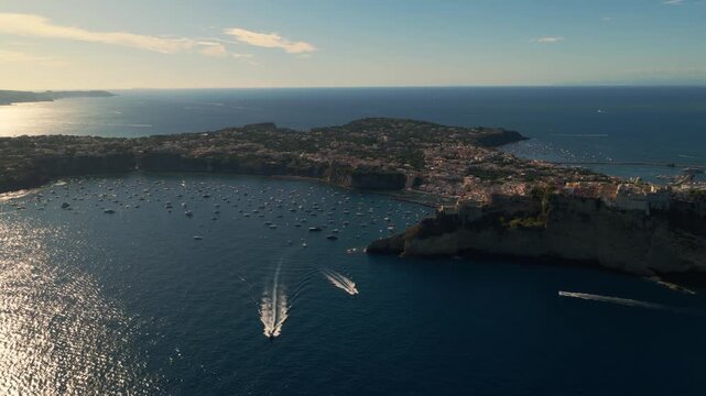 Panoramic Aerial View Of The Fishing Village Of Marina di Corricella On The Island Of Procida In The Gulf of Naples, Italy.