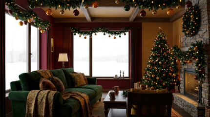 Naklejka premium A cozy festive living room interior adorned with Christmas decorations a lit tree fireplace and comfortable seating illuminated by warm ambient light and transparent window.