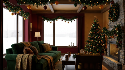 A cozy festive living room interior adorned with Christmas decorations a lit tree fireplace and comfortable seating illuminated by warm ambient light and transparent window.