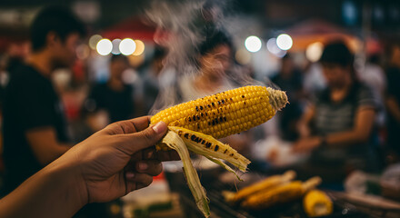 Hand holding hot, steaming grilled corn on the cob at a vibrant night market, showcasing delicious street food
