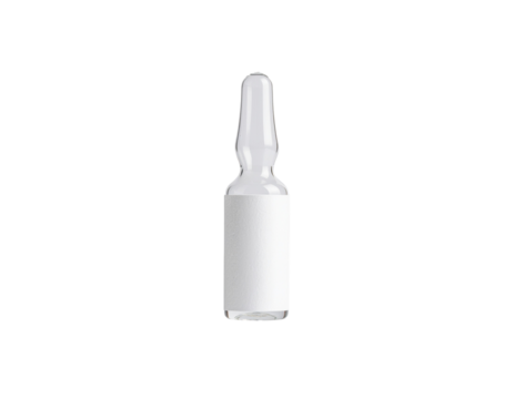 A transparent glass ampoule with a white label and a pointed tip designed for medical or laboratory use