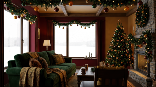 A cozy festive living room interior adorned with Christmas decorations a lit tree fireplace and comfortable seating illuminated by warm ambient light and transparent window.