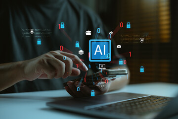 Artificial intelligence with cybersecurity icons surrounding smartphone and laptop. Concept for AI technology, mobile data protection, digital privacy, encryption, and secure communication system.