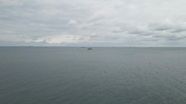 Aerial view St Helens Fort a sea fort in the Solent close to the Isle of Wight, It was built as a result of the Royal Commission on the Defence of the United Kingdom of 1859, drone moving forward.