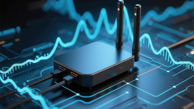 Low latency network concept. Sleek Black Router with Dual Antennas Ensures Low Latency Network Connectivity on Digital Interface Technology