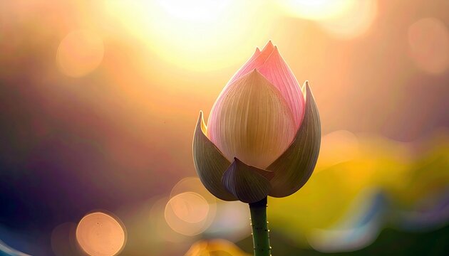 A close-up shot of a lotus flower bud in bloom, set against a soft, blurred bokeh background with warm, golden lighting.