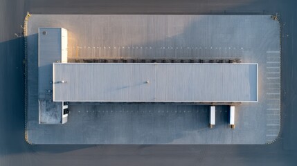 Aerial View of Warehouse: An overhead perspective captures the industrial geometry of a vast warehouse complex, showcasing the scale of logistics and the efficiency of modern infrastructure. 