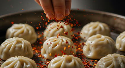 Hand Sprinkling Red Chili Flakes on Steamed Dumplings