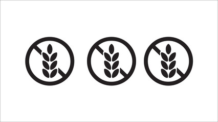 Three circular icons with a wheat stalk and a prohibition symbol, in green, yellow, and black, representing gluten-free.