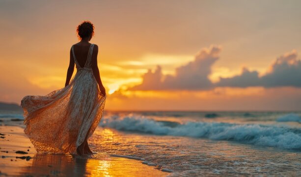 Woman walking on beach during beautiful sunset