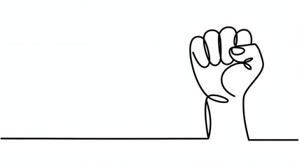 Black single line drawing of a raised fist continuous line