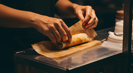 Close-up of hands wrapping delicious street food in rustic brown paper for takeaway