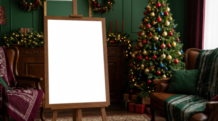 Festive living room with a decorated Christmas tree plush armchairs warm lighting and a wooden easel displaying a transparent wooden frame. 