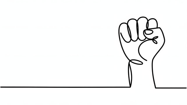 Black single line drawing of a raised fist continuous line