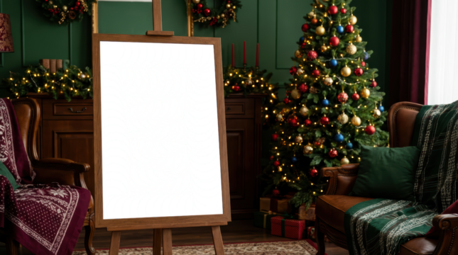 Festive living room with a decorated Christmas tree plush armchairs warm lighting and a wooden easel displaying a transparent wooden frame. 