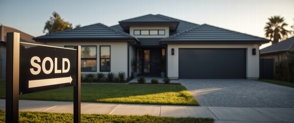Capture the excitement of a successful home sale! Modern house with 'SOLD' sign evokes feelings of achievement and new beginnings, ideal for real estate campaigns.