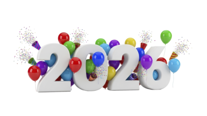 Celebrate 2026 Festive Typography with Balloons and Confetti - Happy New Year Concept