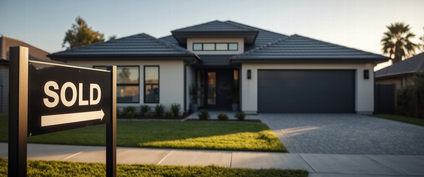 Capture the excitement of a successful home sale! Modern house with 'SOLD' sign evokes feelings of achievement and new beginnings, ideal for real estate campaigns.