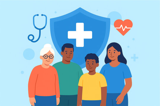 This is an illustration depicting a diverse family group&mdash;including an older woman, a man, a woman, and a child&mdash;standing together. Behind them is a large blue shield featuring a white cross, symbolizin