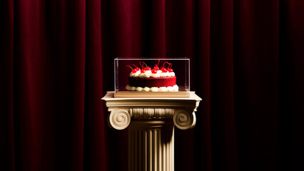 Delicious red velvet cake with cherries atop a pillar, a celebration masterpiece that's perfect for birthdays, events, or dessert advertising needs.