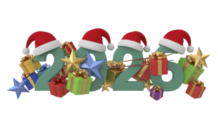 Vibrant 2020 holiday celebration graphic with festive Santa hats, colorful wrapped presents, and shimmering golden stars for New Year's greetings and seasonal cheer