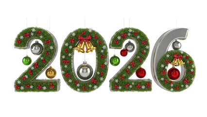 The number 2026 designed as a hanging Christmas decoration, featuring wreath-like digits with baubles and bells, celebrating the upcoming new year