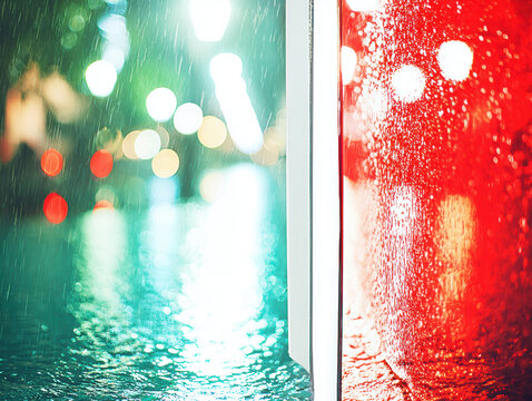 Rainy city night with colorful bokeh lights and wet pavement reflecting neon glow, moody urban atmosphere with bright red and teal contrast