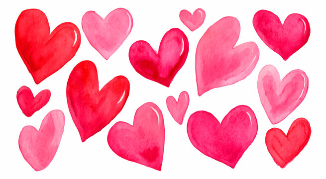 Watercolor hearts in various shades of red and pink floating as a romantic background for valentine's day, love, weddings, or celebratory events with a transparent background - Powered by Adobe